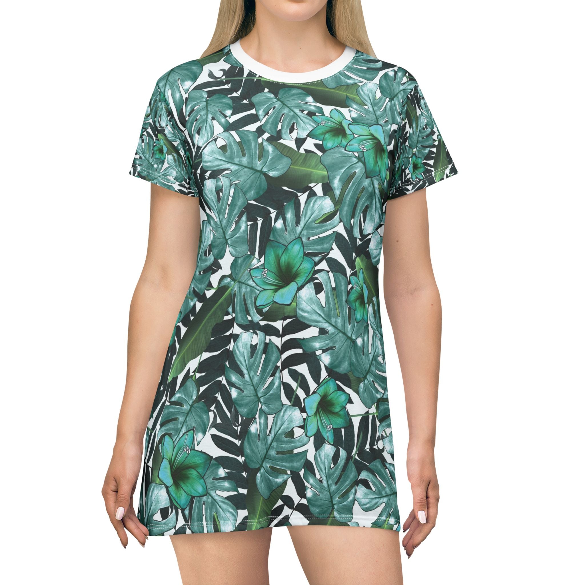 Tropical Vibe T-Shirt Dress | Botanical Leaf Print for Casual Summer Days